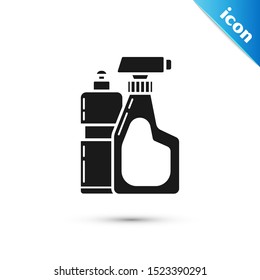 Black Plastic bottles for liquid laundry detergent, bleach, dishwashing liquid or another cleaning agent icon isolated on white background.  Vector Illustration