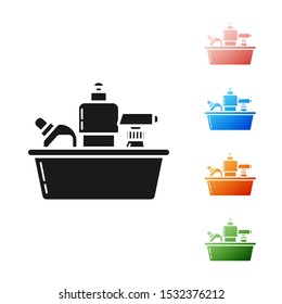 Black Plastic bottles for liquid laundry detergent, bleach, dishwashing liquid or another cleaning agent icon isolated on white background. Set icons colorful. Vector Illustration