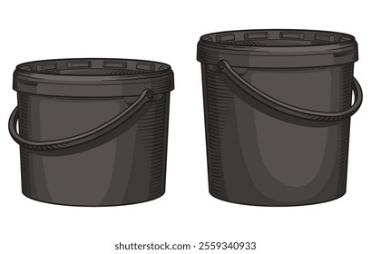 Black plastic bucket with lid. Vector illustration. Bucket isolated on white background.