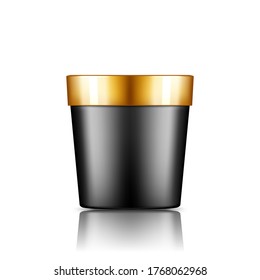 Black plastic bucket mockup isolated from background: ice cream or yogurt container. Package design for branding. Blank food, medical, body or facial care template. 3d realistic vector illustration