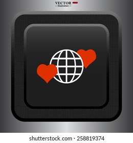 Black plastic button. Square.  Icon planet and two red hearts. Symbol of love between the nation. Globe.  vector illustration, EPS 10 