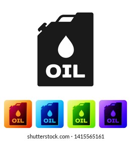 Black Plastic canister for motor machine oil icon isolated on white background. Oil gallon. Oil change service and repair. Engine oil sign. Set icon in color square buttons. Vector Illustration