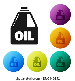 Black Plastic canister for motor machine oil icon isolated on white background. Oil gallon. Oil change service and repair. Set icons colorful circle buttons. Vector Illustration