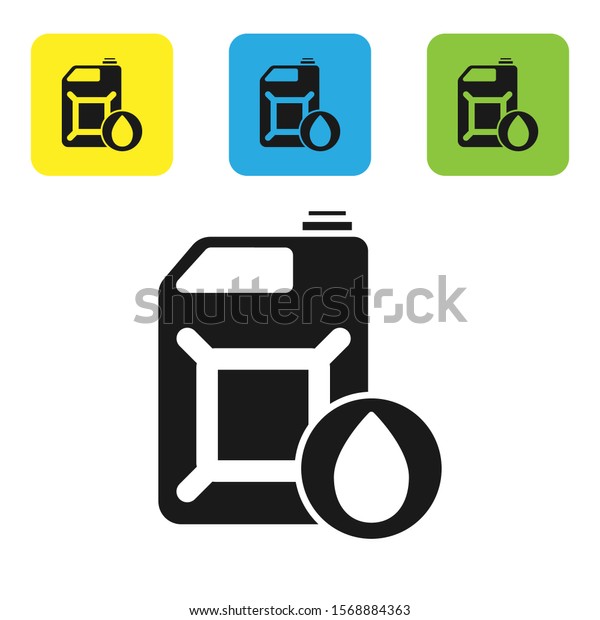 Black\
Plastic canister for motor machine oil icon isolated on white\
background. Oil gallon. Oil change service and repair. Set icons\
colorful square buttons. Vector\
Illustration