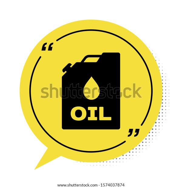 Black Plastic canister for motor machine oil\
icon isolated on white background. Oil gallon. Oil change service\
and repair. Engine oil sign. Yellow speech bubble symbol. Vector\
Illustration