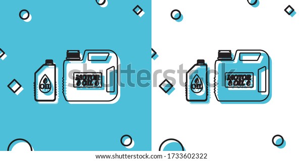 Black Plastic canister for motor machine oil\
icon isolated on blue and white background. Oil gallon. Oil change\
service and repair. Engine oil sign. Random dynamic shapes. Vector\
Illustration