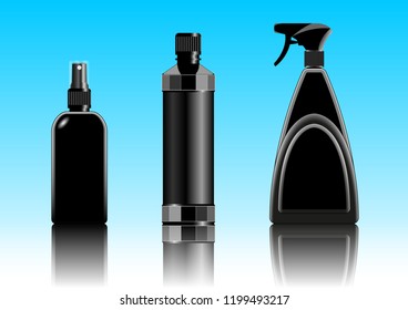 black plastic container, packaging for cosmetic, chemical, liquid products, a set of different shapes. Vector Ilustration