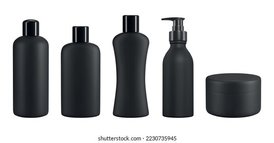 Black plastic cosmetic jar and bottles. Realistic vector mockup for skin cream, shampoo and shower gel design
