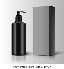 Frasco De Cosméticos De Plástico Negro Con Embalaje De Bomba Y Caja. Vector EPS10