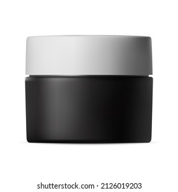 Black plastic cream jar white lid. Beauty cosmetic mockup. Face skin blush powder can, makeup cosmetic template. Wax or hand scrub pack, lotion or butter package on white background