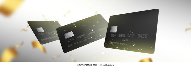 Black plastic credit cards falling with gold ribbons. Vector realistic background with 3d blank bank debit, shopping or discount cards with chips and shiny confetti