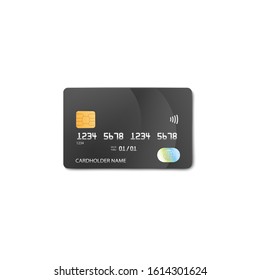 Black plastic credit or debit card mockup with fake number and cardholder name isolated on white background - realistic bank card from front view, vector illustration