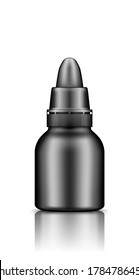 Black plastic drop bottle with lid mockup. Blank medicine or cosmetic package for eye, ear or nose drops. Product container template. Isolated 3d vector illustration