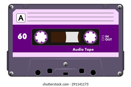 Black plastic empty musiccasette with purple label, magnetic blank cassette tape for music. Compact casette, realistic retro design. vector art image illustration, isolated on white background, eps10