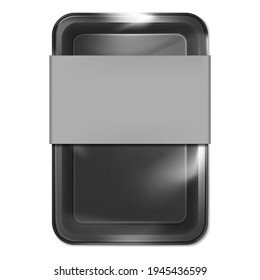 Black plastic food container box with transparent film top and blank label isolated on white background, realistic vector mockup