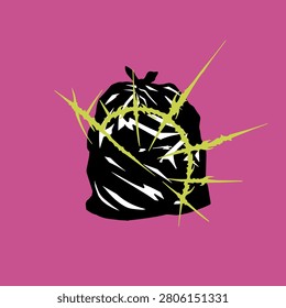 Black plastic garbage bag with bright yellow tribal crown spikes. Streetwear style full waste sack illustration with sharp cyber sigilism accents