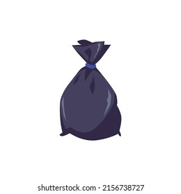 Black plastic garbage bag, cartoon flat vector illustration isolated on white background. Smelly trash or rubbish. Concepts of recycling, ecology and environment.