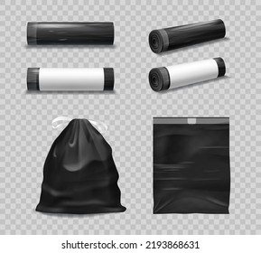 Black plastic garbage bags, trash bin rolls for rubbish, vector realistic mockup. Garbage bags or wastes polyethylene trashbags in rolls, empty and full tied dustbin recycle package