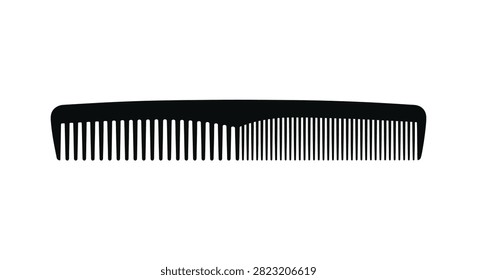 A black plastic hair comb isolated on a white background presented as a simple graphic design silhouette
