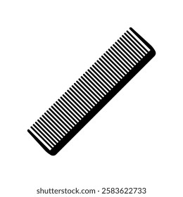 Black plastic hair comb with wide and narrow teeth on white background. Vector icon