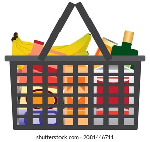 A black plastic hand held shopping basket if full of groceries