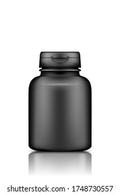 Black plastic jar mockup isolated on white background. Packaging design. Blank sport or dietary nutrition, healthcare, medicine or dry products bottle template. 3d realistic vector illustration