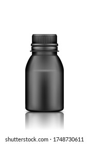 Mockup de plástico negro aislado sobre fondo blanco. Diseño de empaque. Maqueta de botella de deporte o alimentación, asistencia sanitaria o medicina en blanco. 3.ª ilustración vectorial realista