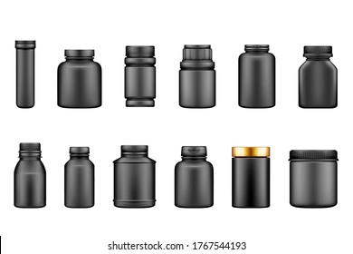 Black plastic jar mockups isolated on white background. Packaging design. Blank sport, fitness, householding or dietary nutrition, healthcare bottle template. Set of 3d realistic vector illustrations