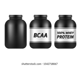 Black plastic jar template isolated on white background. BCAA and protein packing mock up. Sports nutrition and supplements vector set.
