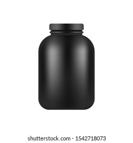 Black plastic jar template isolated on white background. BCAA and protein packing mock up. Vector sports nutrition and supplements