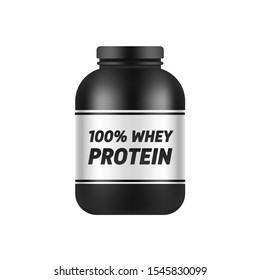 Black plastic jar template isolated on white background. Protein packaging mock up. Vector sports nutrition and supplements