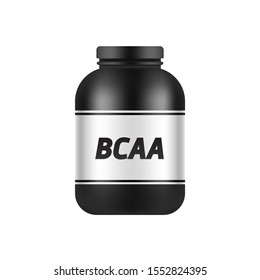 Black plastic jar template isolated on white background. BCAA packing mock up. Vector sports nutrition and supplements.