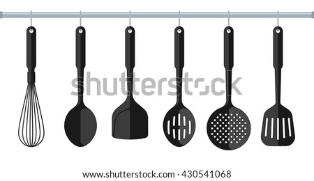 Black plastic Kitchenware isolated on white background. Flat illustration of cooking tools. Vector kitchen utensils design elements for web, culinary infographic, brochure, restaurant presentation.