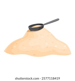 Black plastic measuring scoop resting on a pile of dry powder substance, likely whey protein, creatine, collagen, flour, or similar, isolated on white background