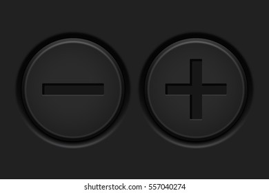 Black plastic MINUS and PLUS buttons. Vector 3d illustration