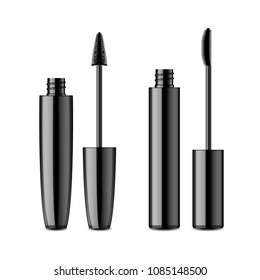 Black plastic opened mascara tube with volume and lengthening boosting effect brush. Realistic vector container of eye cosmetics isolated on white background.