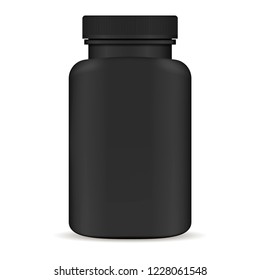 Black  Plastic pill bottle. 3d Vector illustration. Mockup Template of medicine package for pills, capsule, drugs. Sports and health life supplements.