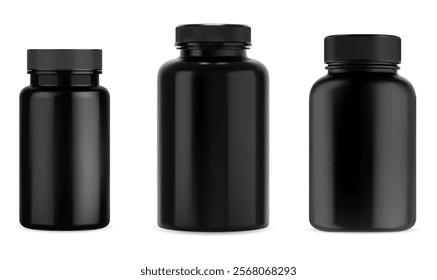 Black plastic pill jar vector mockup. Supplement product packaging design isolated on white background. Vitamin pill container template. Pharmaceutical prescription medicament bottle