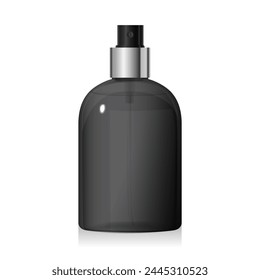 Black plastic round bottle with silver spray with liquid inside isolated on white background. Transparent plastic packaging. Packaging for beauty product. 3d vector cosmetic bottle mockup template