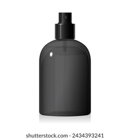 Black plastic round bottle with black spray with liquid inside isolated on white background. Transparent plastic packaging. Packaging for beauty product. 3d vector cosmetic bottle mockup template