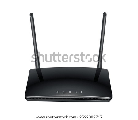 Black plastic router with two antennas on a white background. Vector 3d illustration