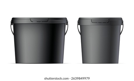 Black plastic set bucket with Black lid. Product Packaging For food, foodstuff or paints, adhesives, sealants, primers, putty. MockUp Template For Your Design. Vector illustration.