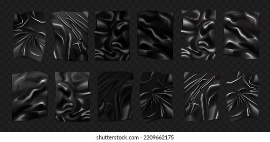 Black plastic set with wrinkles and creases on surface vector illustration. 3d realistic blank latex wrapping wrinkled paper sheet glued on wall, elastic crumpled material on transparent background