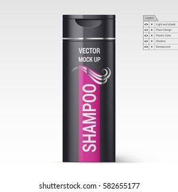 Black Plastic Shampoo Bottle Isolated on White Background. Vector Layers Mock up