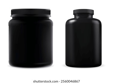 Black plastic sport supplement bottle set. Medical pill jar vector mockup. Whey protein sport nutrition packaging mock up. Vitamin capsule box template. Prescription remedy bottle blank