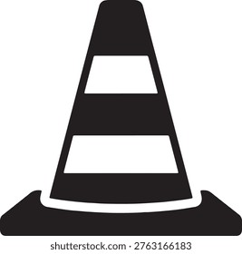 Black plastic traffic cone silhouette with reflective stripes, road safety equipment for construction sites, street maintenance warning marker tool.