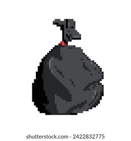 Black plastic trash bag or garbage junk container with red rubber ties. Pixel bit retro game styled vector illustration drawing. Simple flat cartoon drawing.