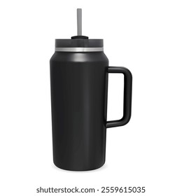 Black plastic travel mug thermo cup with handle vector mockup. Portable aluminum traveler flask. Vacuum thermal tumbler for hot coffee or tea drink, black matte metallic illustration