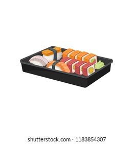 Black plastic tray with set of sushi rolls. Appetizing Japanese food. Asian cuisine. Flat vector for promo poster or flyer