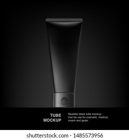 Black plastic tube mockup for cosmetics. Front view. Vector illustration isolated on black background. Can be use for your design, advertising, promo and etc. EPS10.